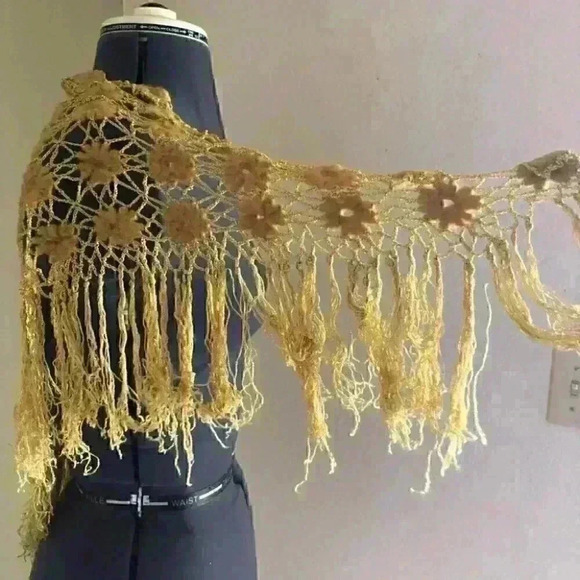 Vtg Wool nylon flower handcrochet mustard yellow shawl scarf - Picture 7 of 8
